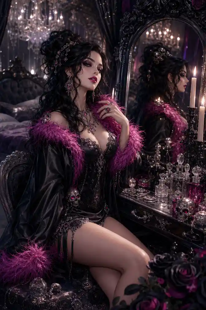 Gothic woman at black vanity with candles and mirrors