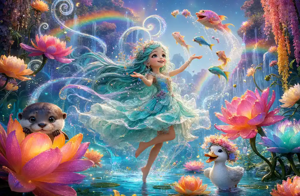 Water sprite girl dancing in a rainbow waterfall grove