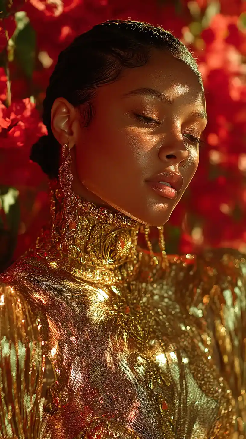Arabian fashion model in gold dress with floral backdrop