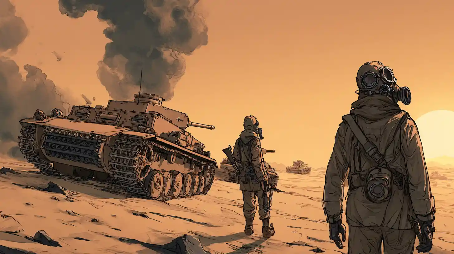 German tanks advancing through a harsh desert battlefield