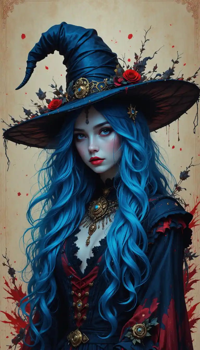 Mystical blue haired witch in rugged hat and jewelry