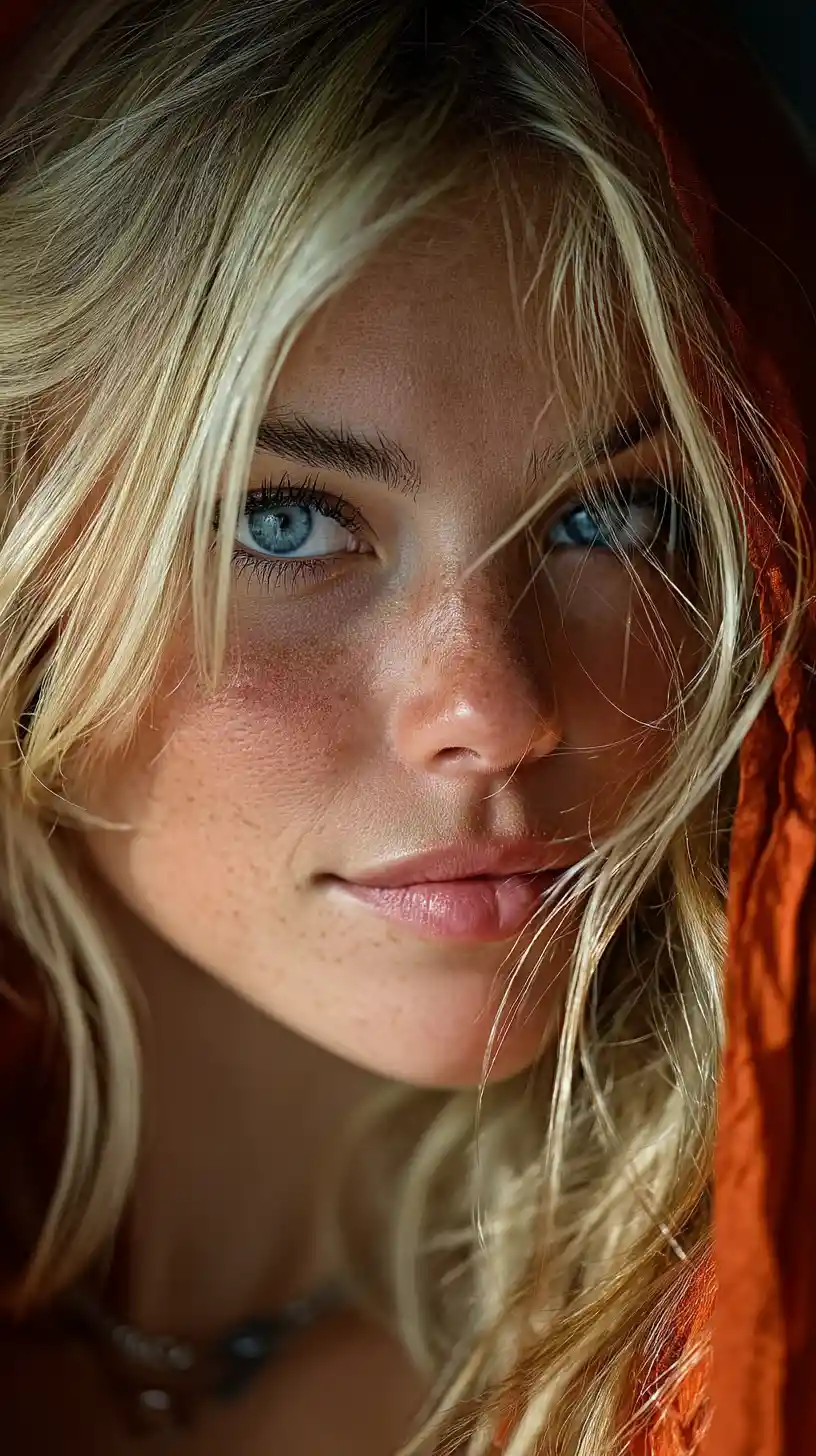 Serene blonde woman portrait with soft directional shadows