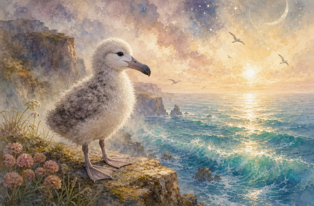 Watercolor baby bird on misty cliff above glowing sea