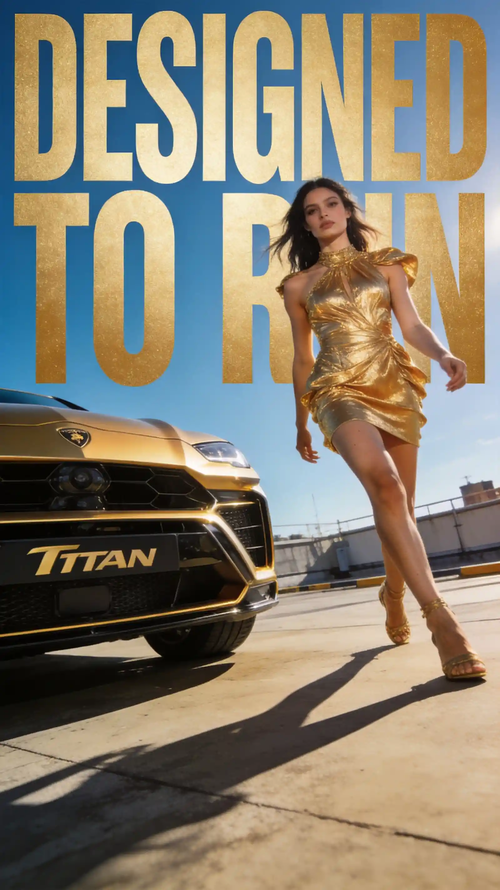 Confident woman in gold dress beside luxury sports car