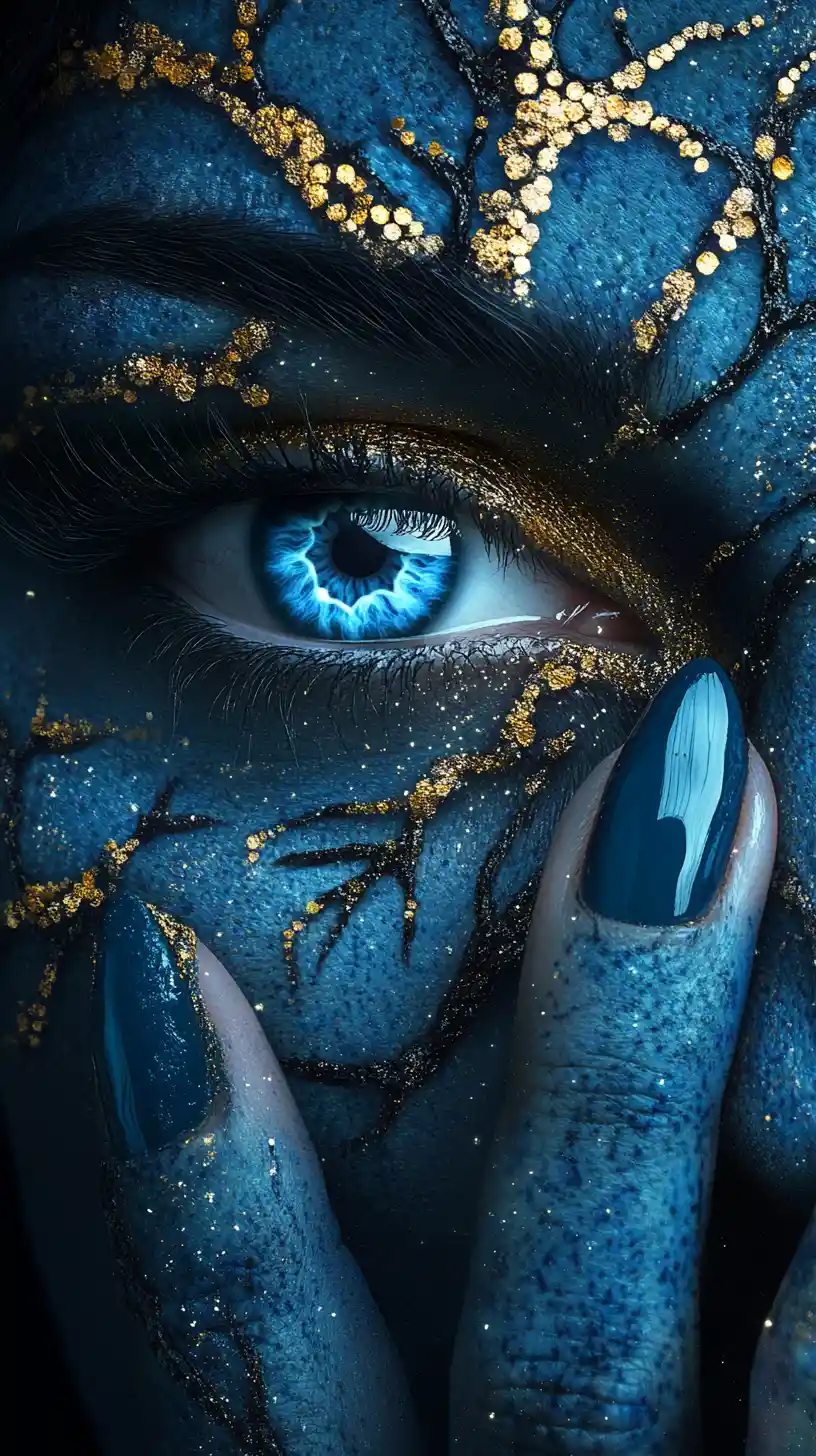 Mystical blue eye close up with ornate hands and makeup