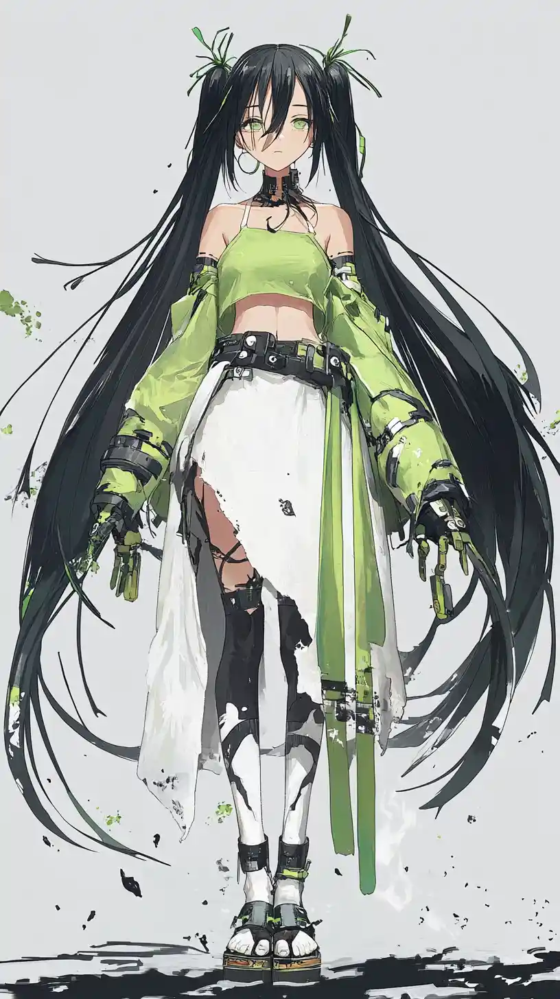 Anime girl in patterned green shirt and celestial white skirt