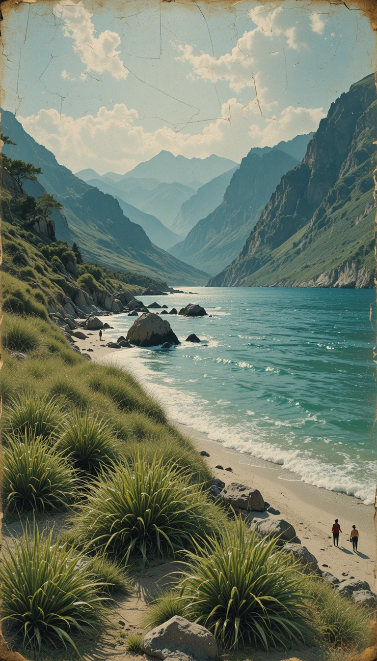Retro abstract summer mountain beach with malachite water texture
