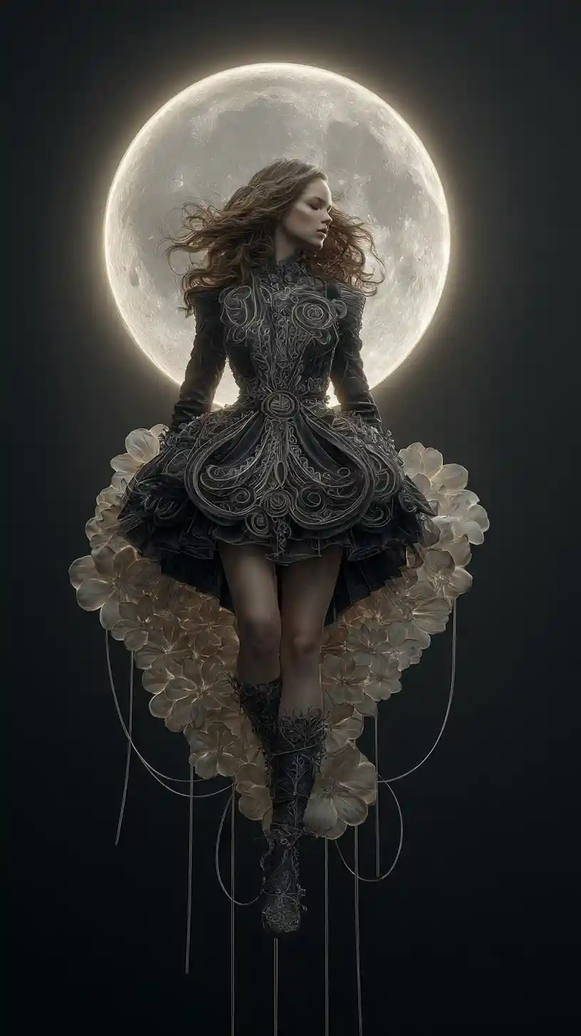 Dark fantasy woman under a glowing black moon