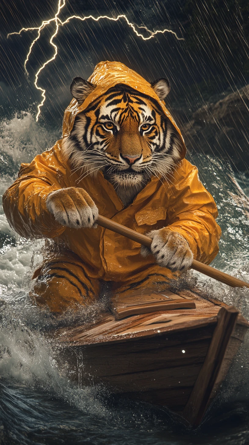 Tiger In Yellow Raincoat Sailing Through Stormy Waves