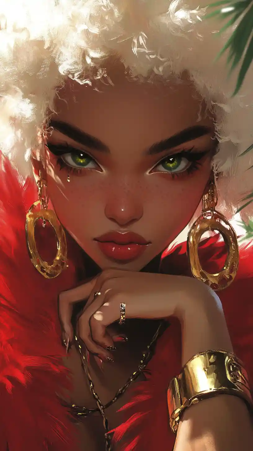 Stylish woman portrait with green eyes and red fur jacket