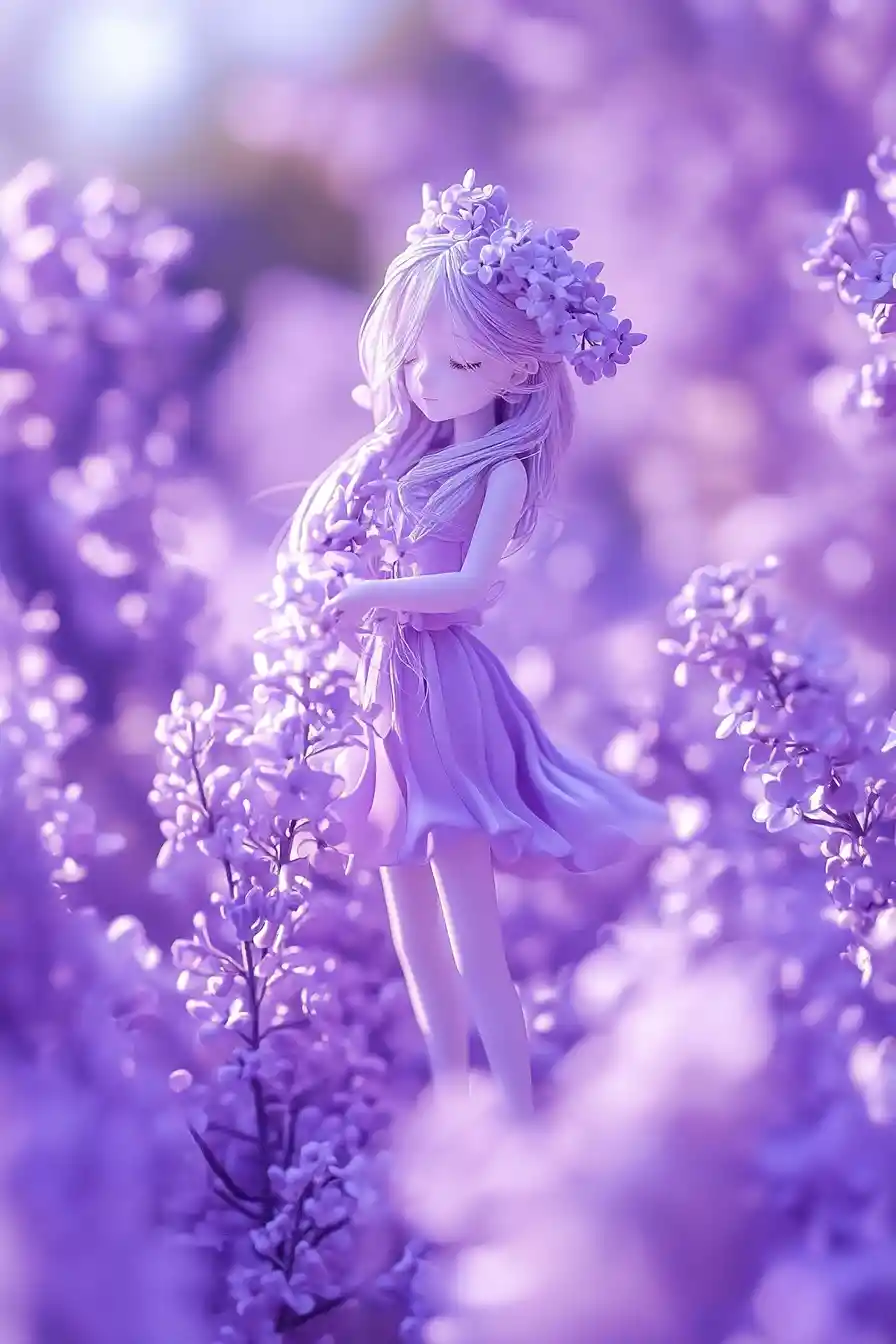 Whimsical metallic fairy standing in vivid pastel purples