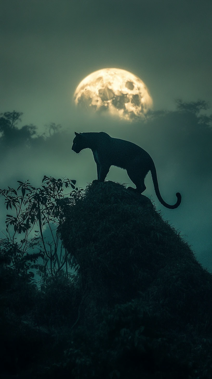 Black panther on a jungle ridge under a glowing moon
