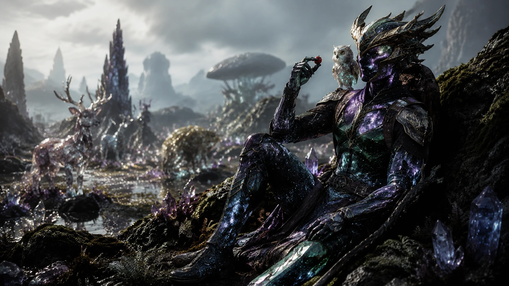Warforged druid resting by a gemlike forest boulder