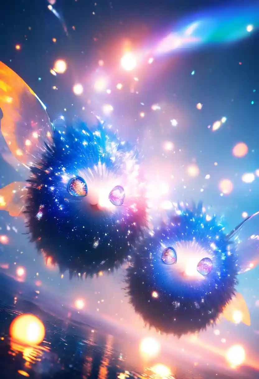 Rainbow fur fairies flying above a frozen lake at sunset