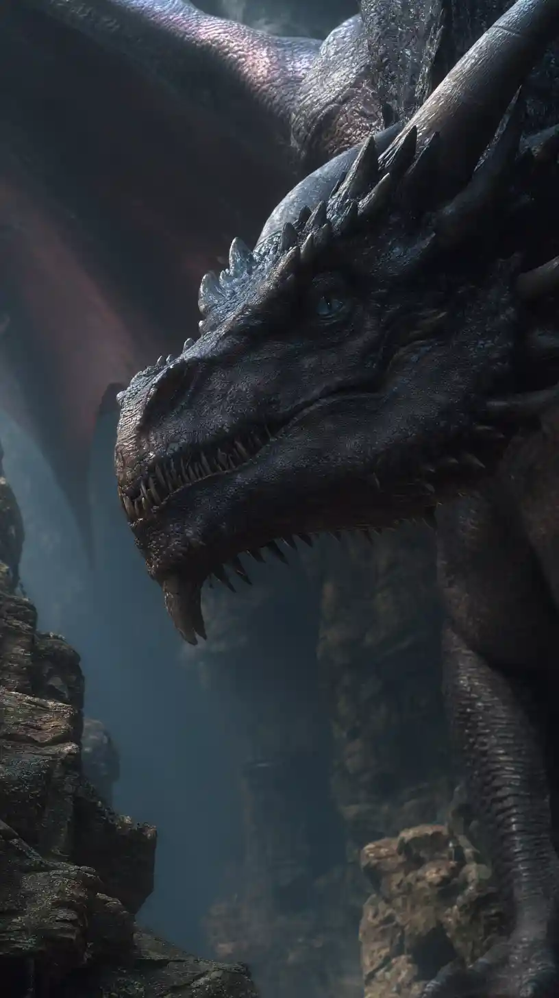 Ancient dragon looming in a gothic cavern during eclipse