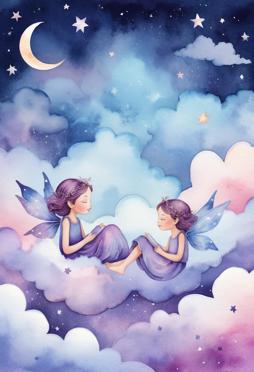 Sleeping fairies resting on glowing clouds among stars