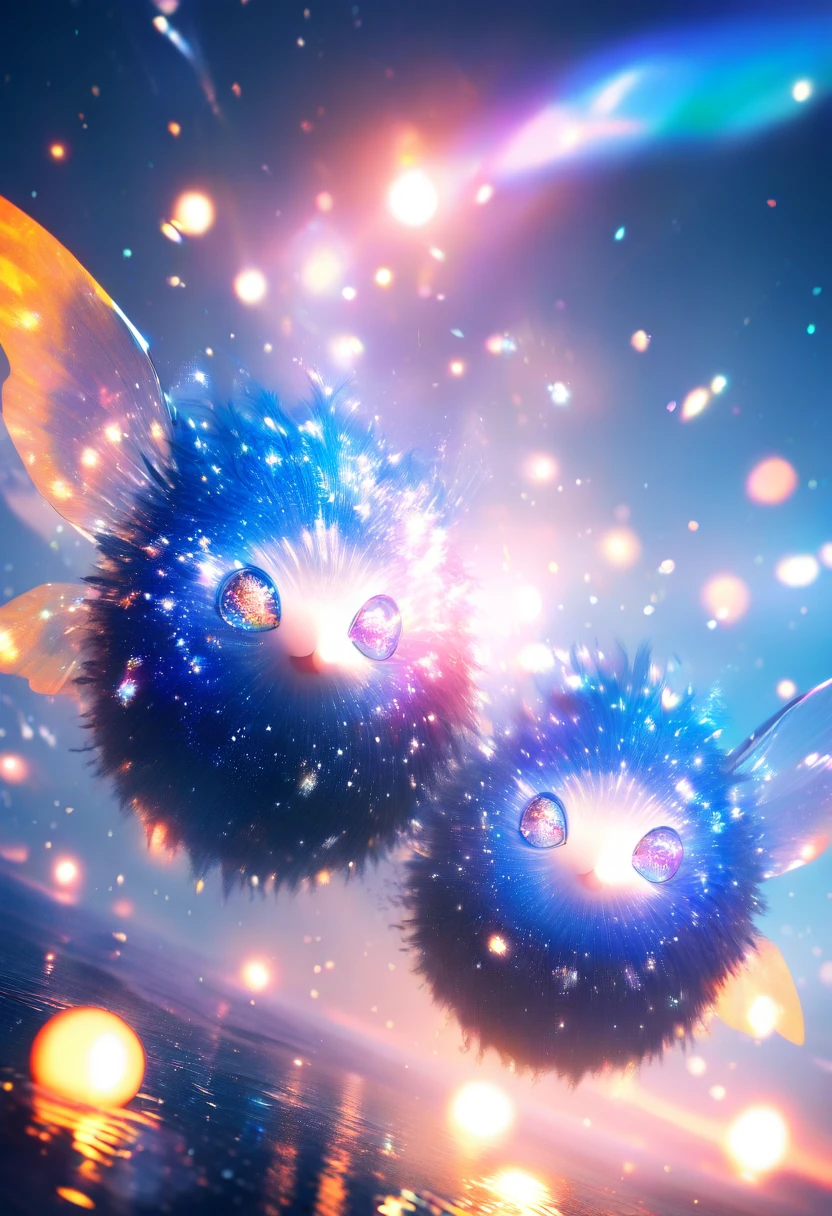 Rainbow fur fairies flying above a frozen lake at sunset