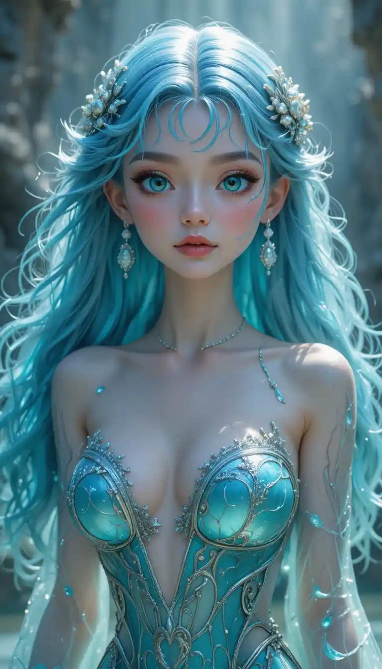 Graceful anime mermaid nymph woman with shimmering turquoise eyes