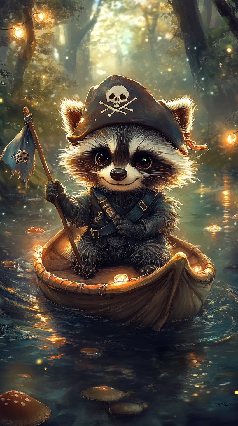 Cute pirate raccoon sailing a walnut boat in forest
