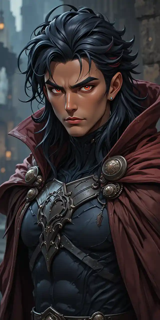 Muscular draconic warrior man in dark armor and red cape