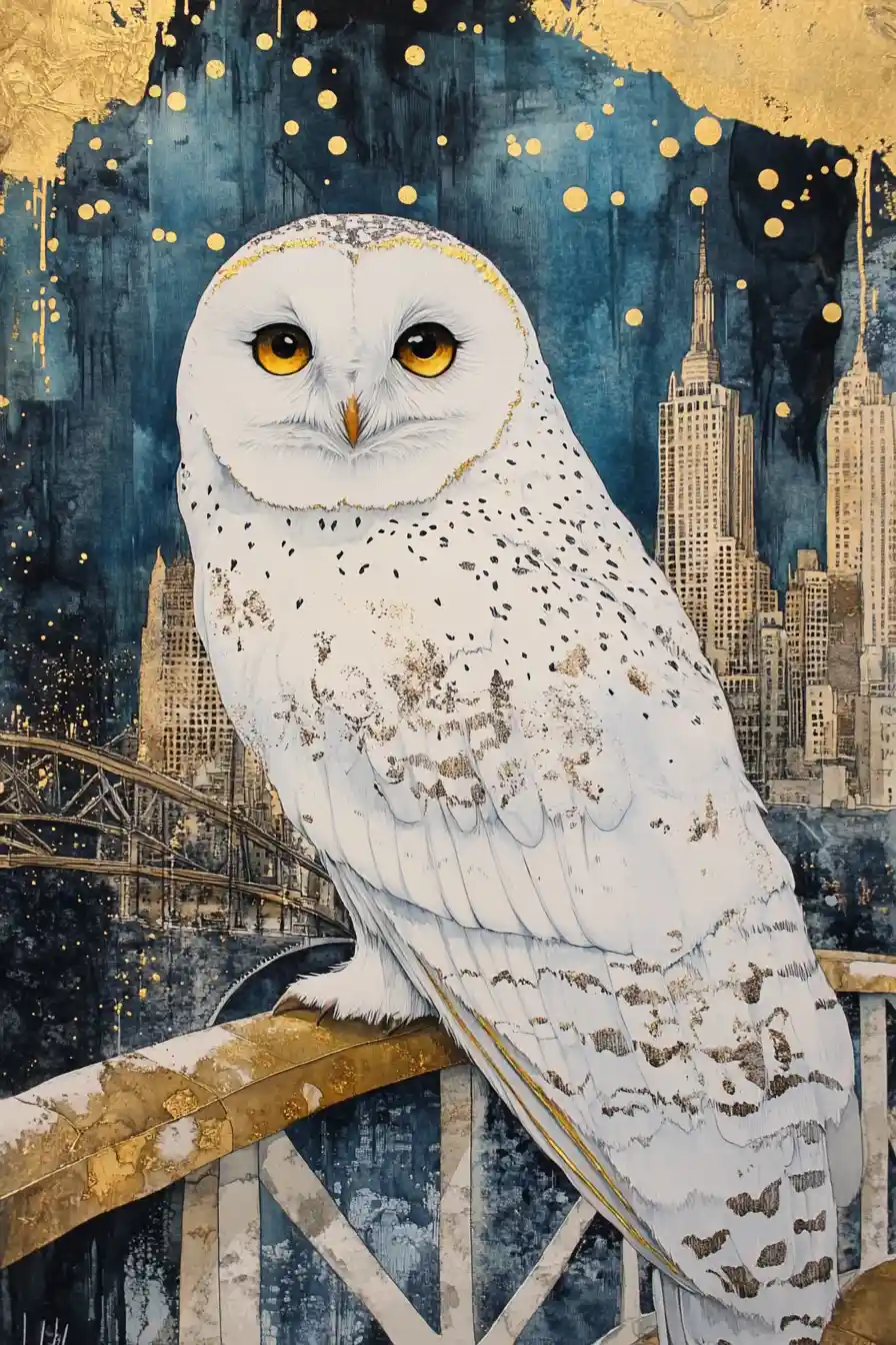 White owl on 3d bridge against dotted skyline