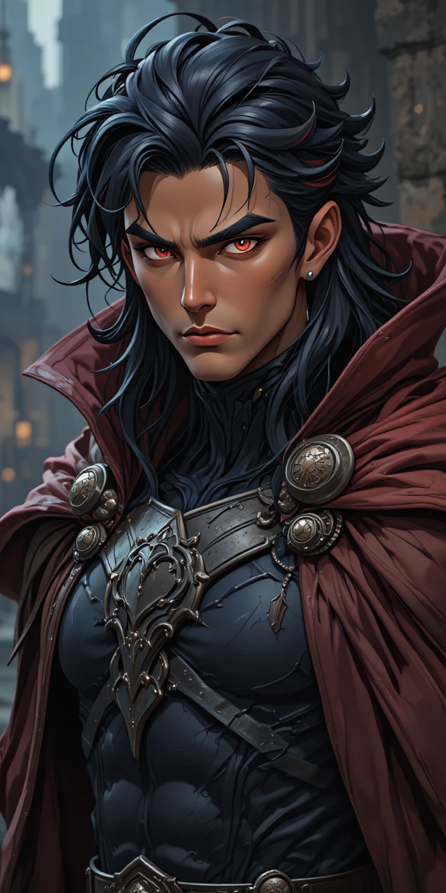 Muscular draconic warrior man in dark armor and red cape