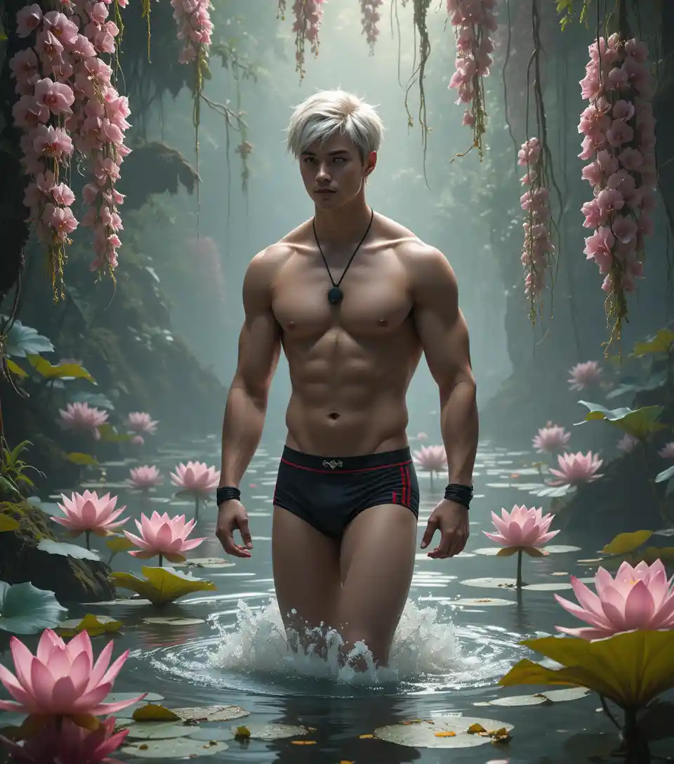 Muscular blond young man walking through lotus lake