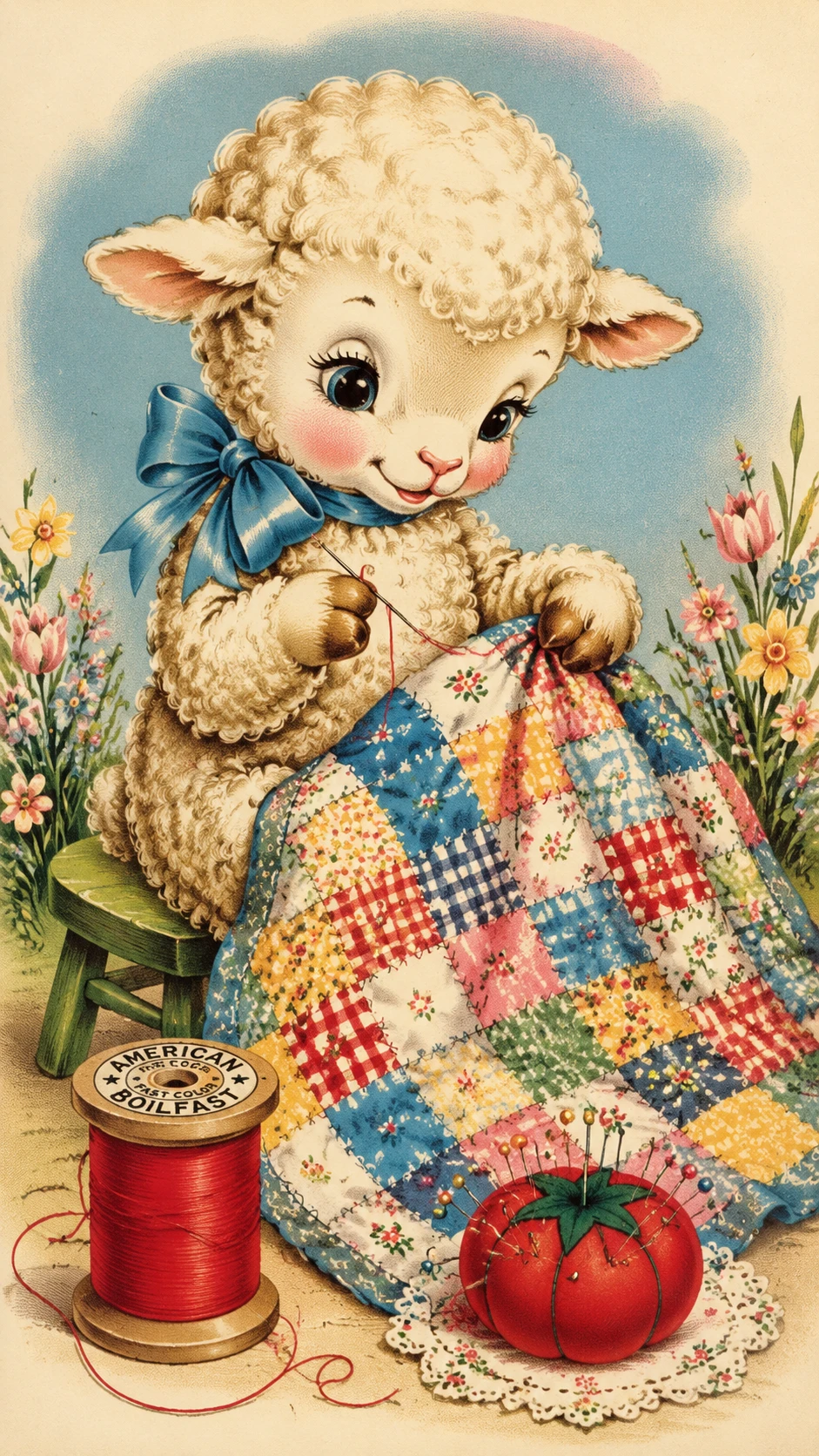Cute vintage lamb sewing a colorful patchwork quilt