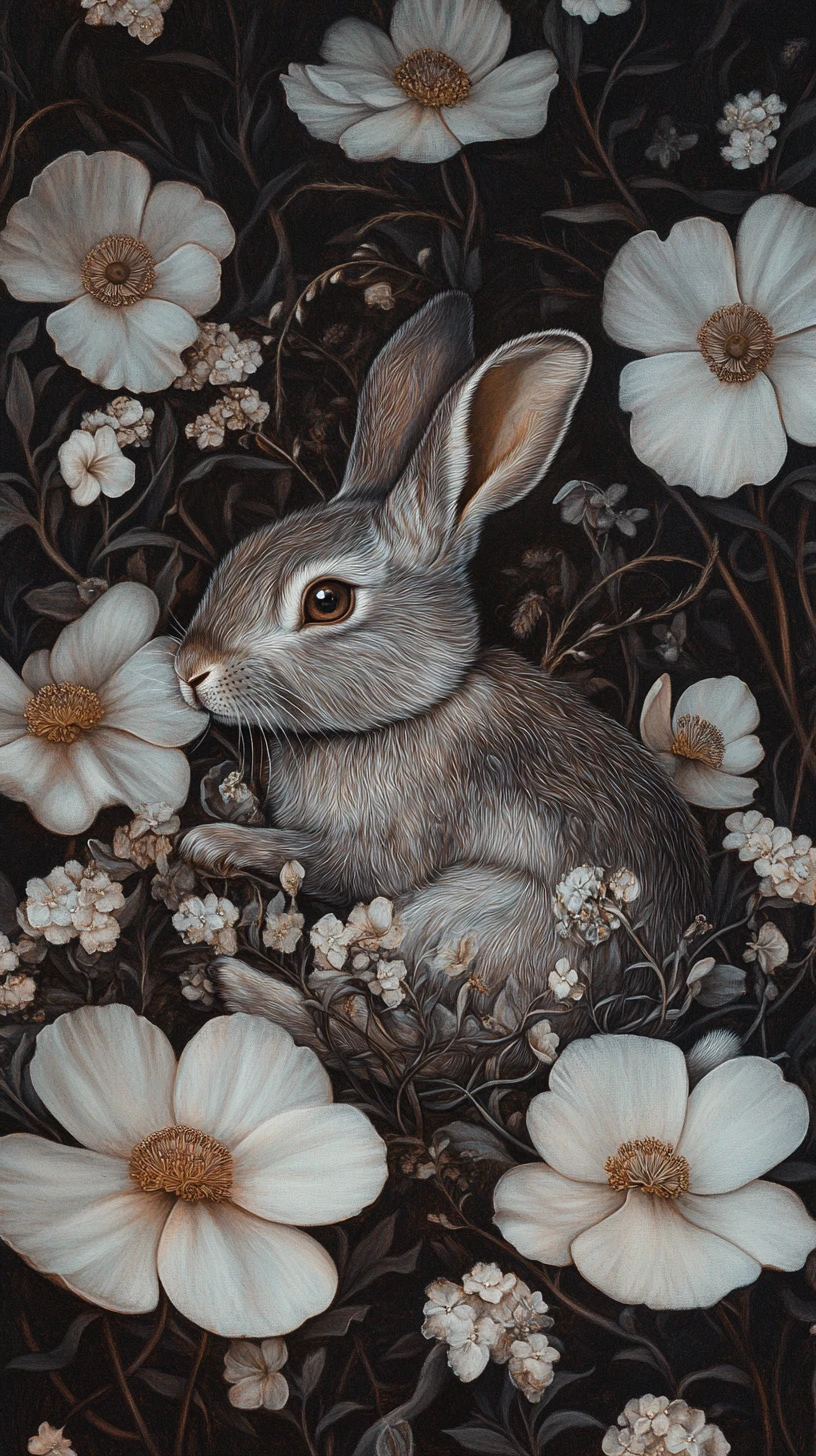 Rabbit Resting Among Giant Pale Flowers In A Dreamy Field
