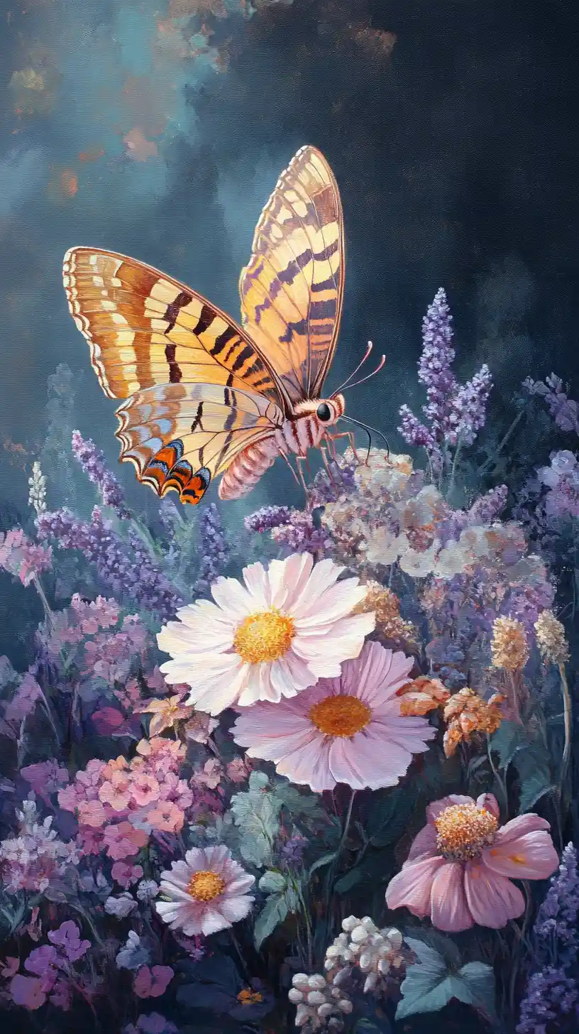 Butterfly resting on a lush thistle and flower bouquet