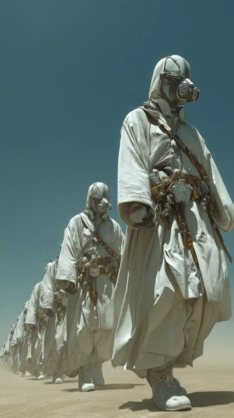 Desert monks in protective suits crossing a harsh sandy landscape