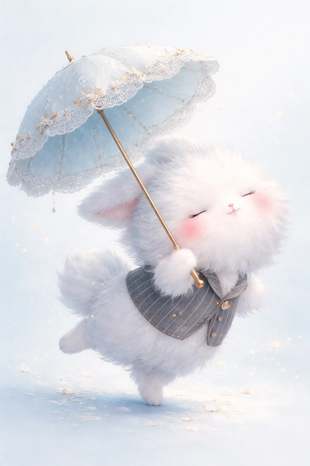Fluffy white creature resting under a blue ornate umbrella