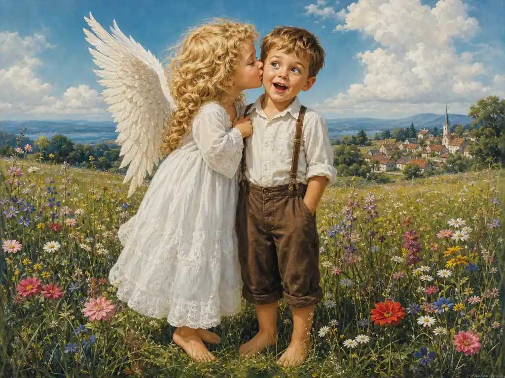 Angel girl kissing a surprised boy in a summer meadow