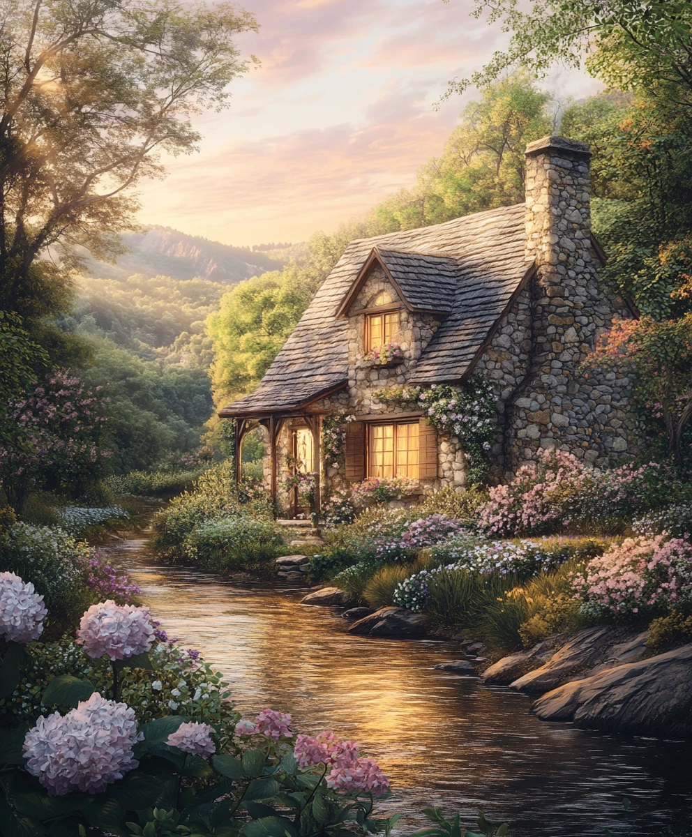 Rustic stone cottage by a river at golden sunset