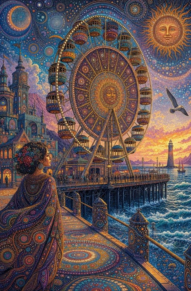 Surreal ferris wheel mandala by the ocean boardwalk