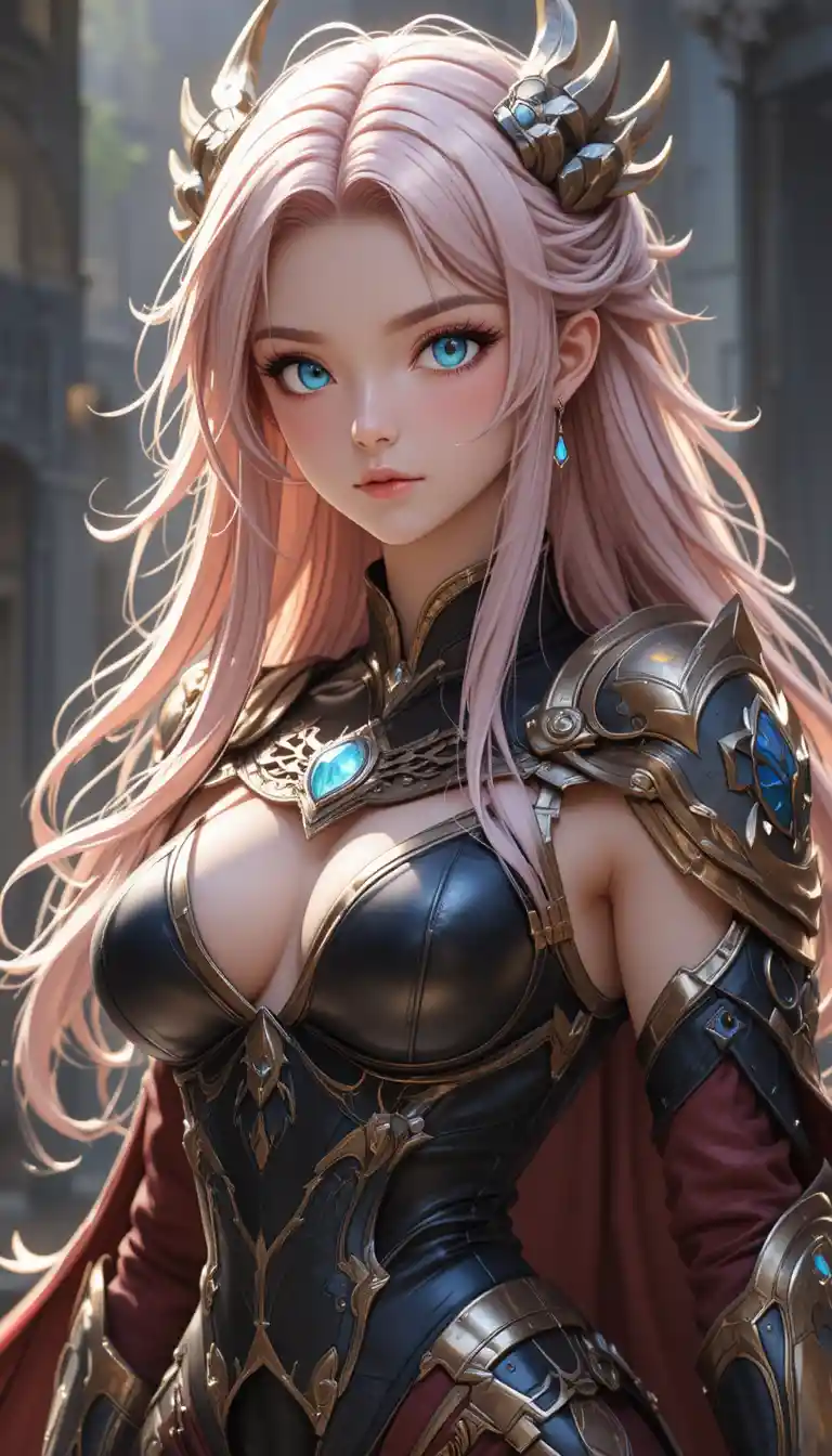Athletic dragon horned anime girl in dark draconic armor