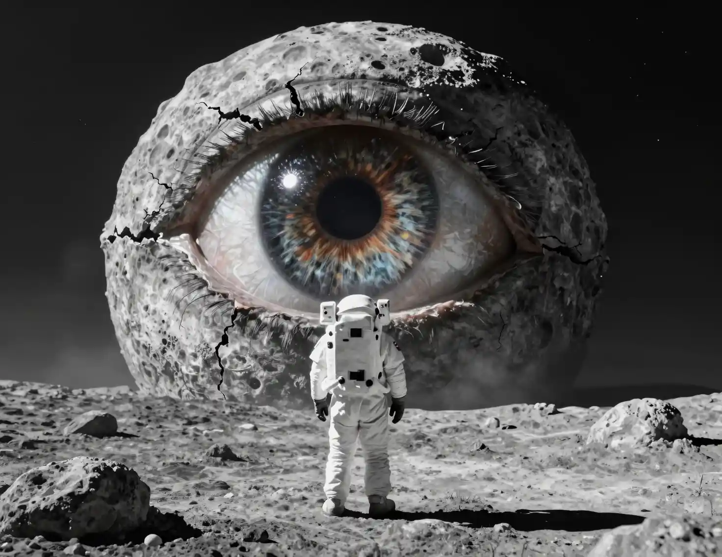 Astronaut Facing Colossal Human Eye On Desolate Moon