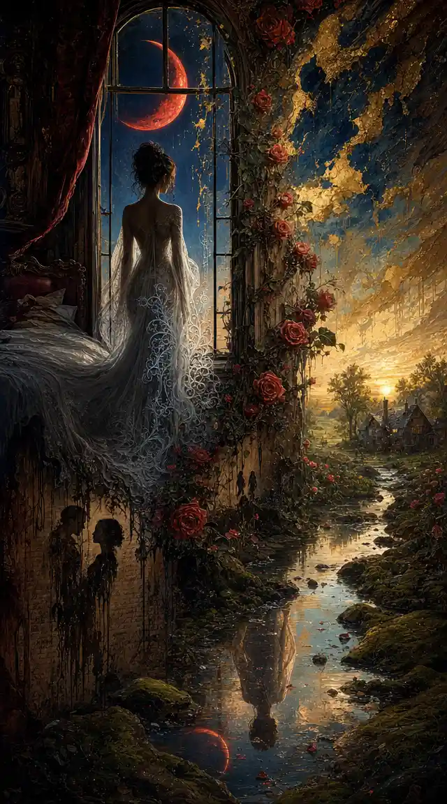 Woman framed in a gothic bedroom window against red crescent moon