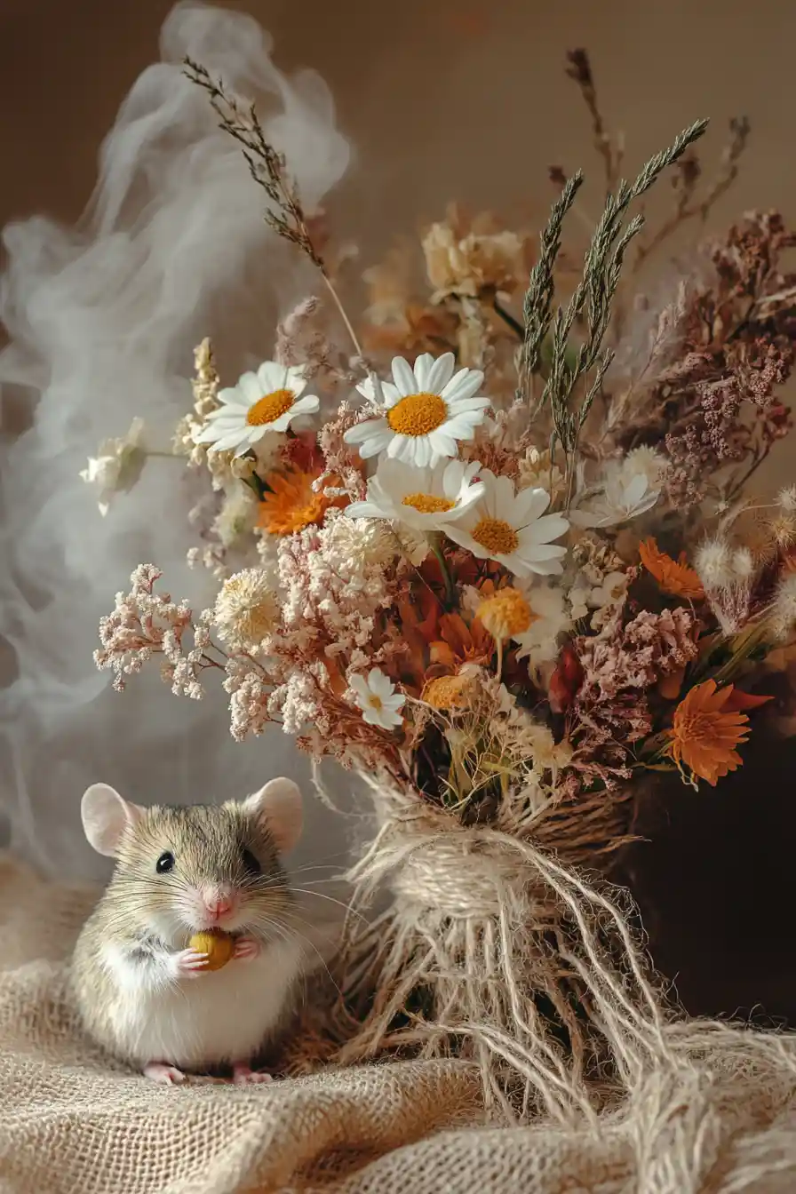 Tiny mouse with wildflower bouquet in soft dreamy light