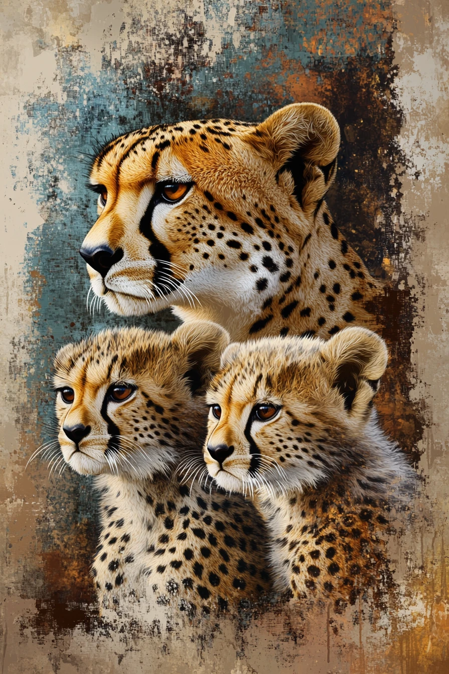 Close up portrait of a mother cheetah with two cubs