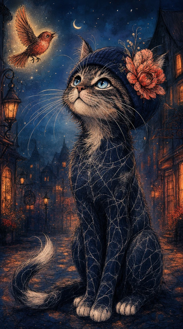 Striped blue eyed cat in beanie on dreamy night street