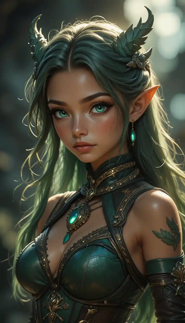 Young horned fantasy girl in green leather osamodas outfit