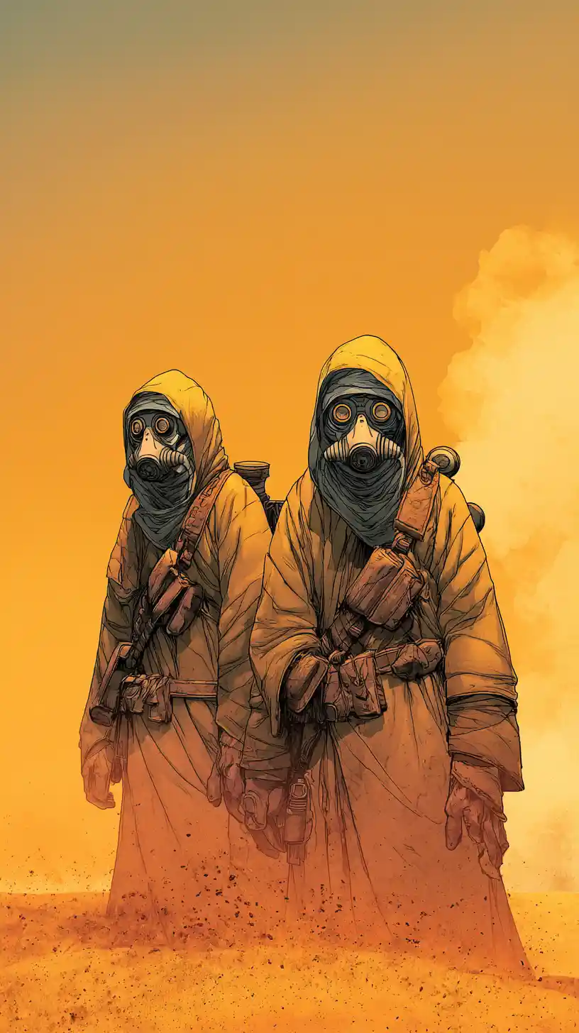 Desert monks in protective suits crossing a harsh sandy landscape