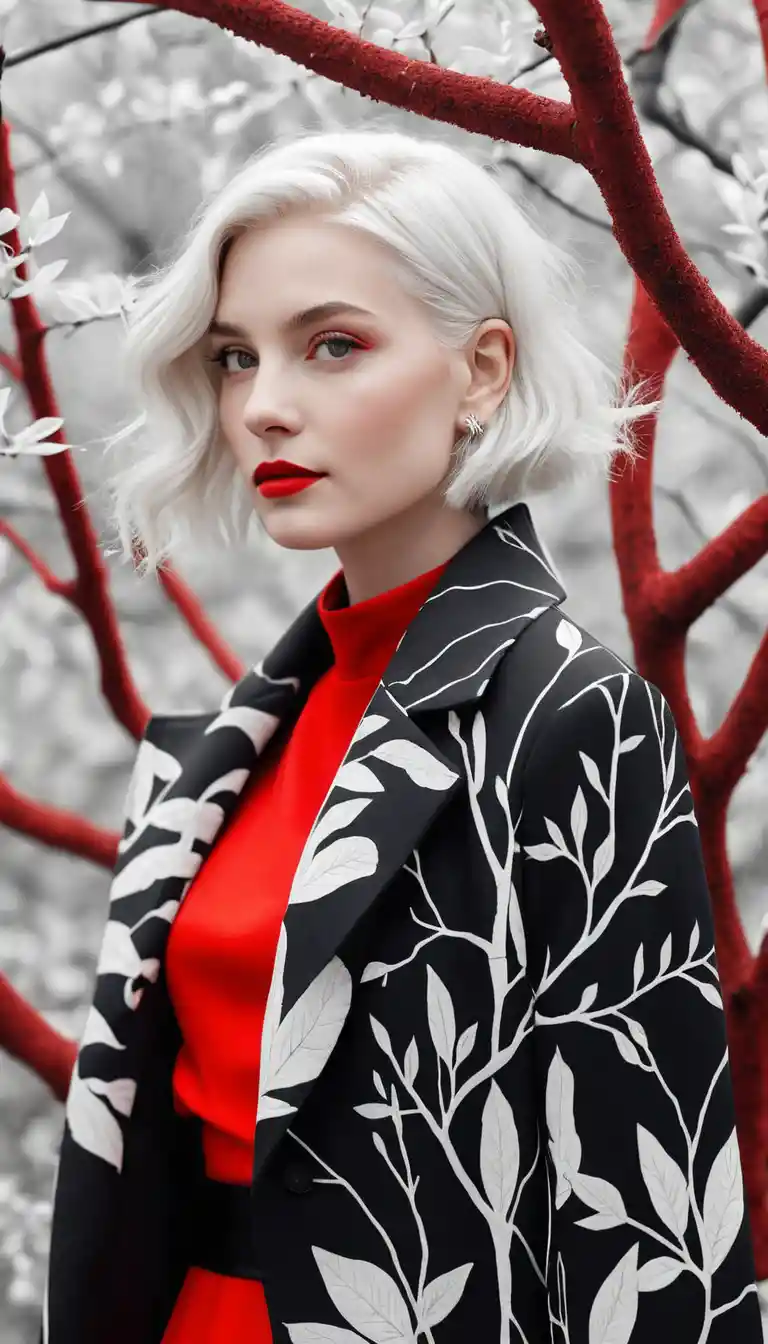 Stylish woman in red coat behind delicate white foliage