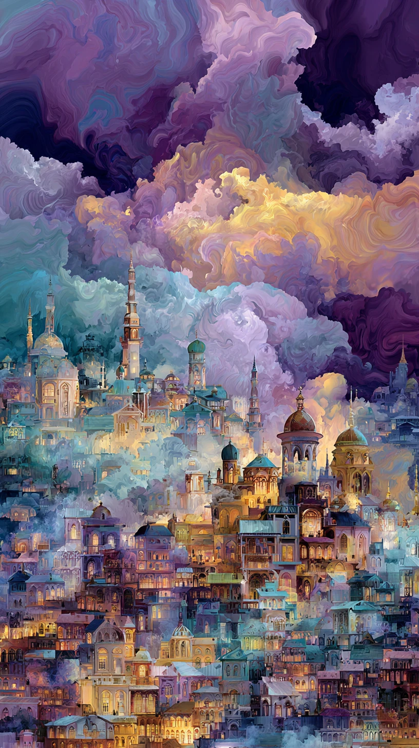 Surreal fantasy cityscape with twisting gothic art nouveau towers