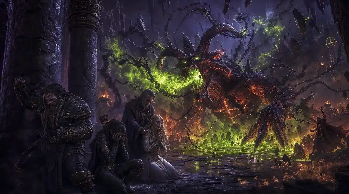 Colossal Demon Emerging From Flaming Portal In Underdark