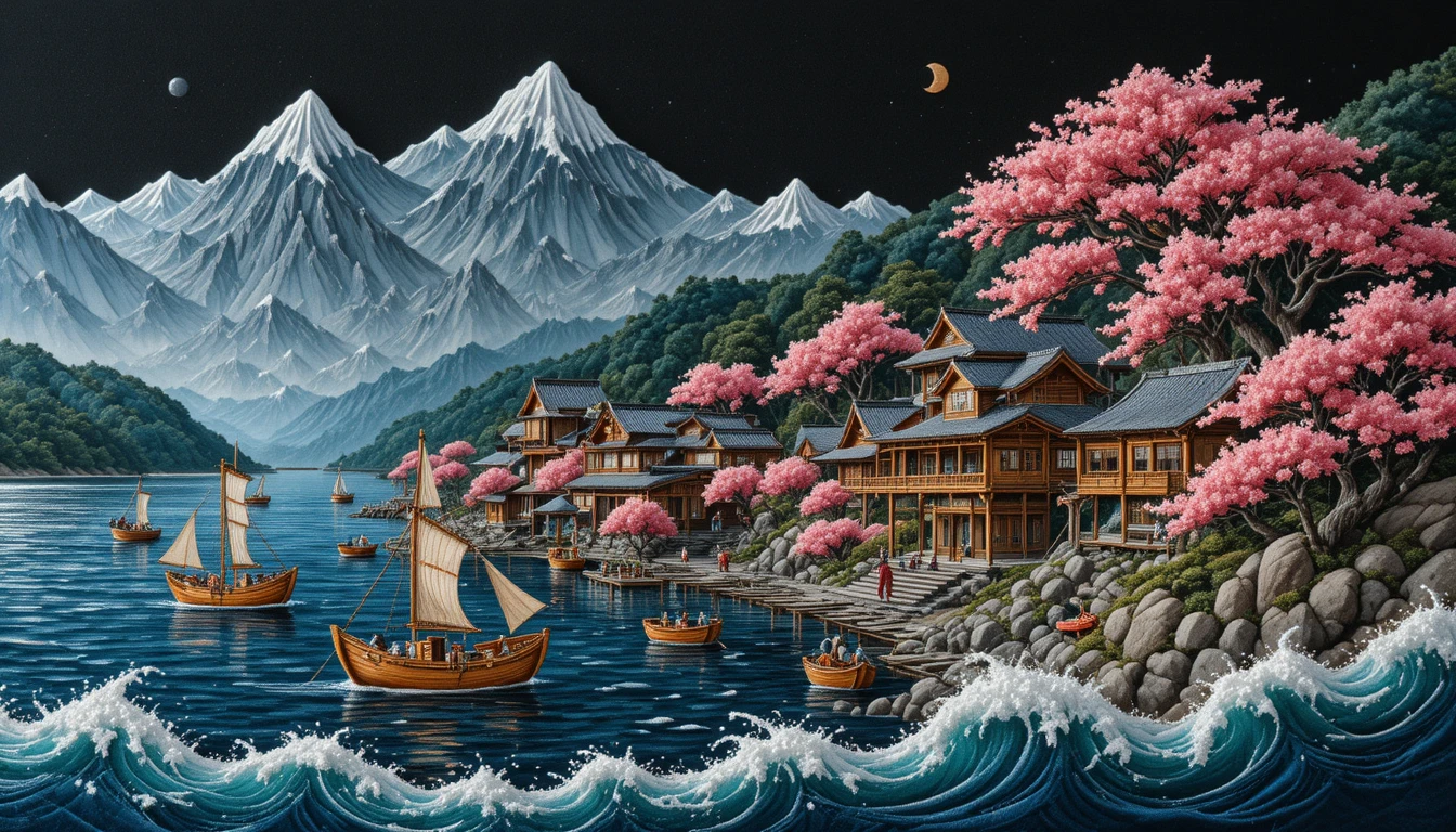 Embroidered Japanese seaside village with cherry blossom bay