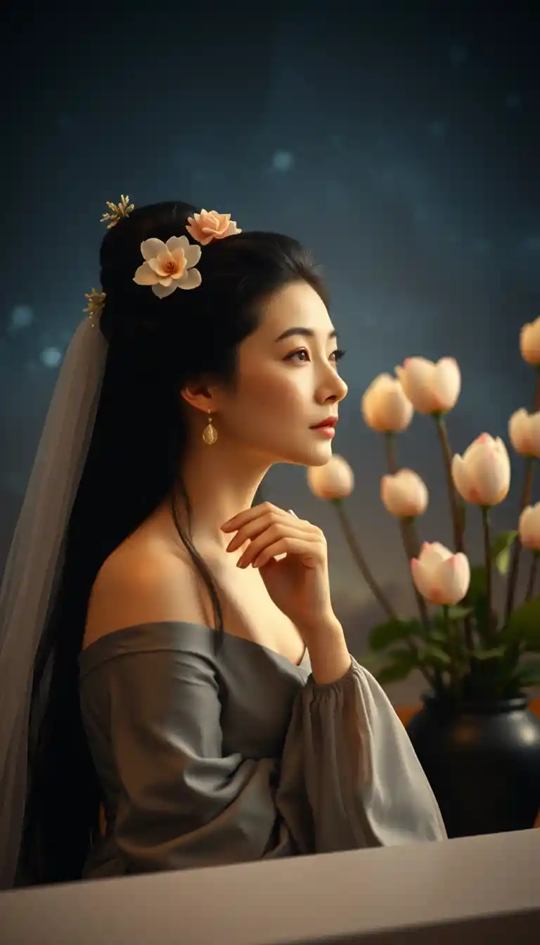 Young woman in satin dress under soft starry night sky