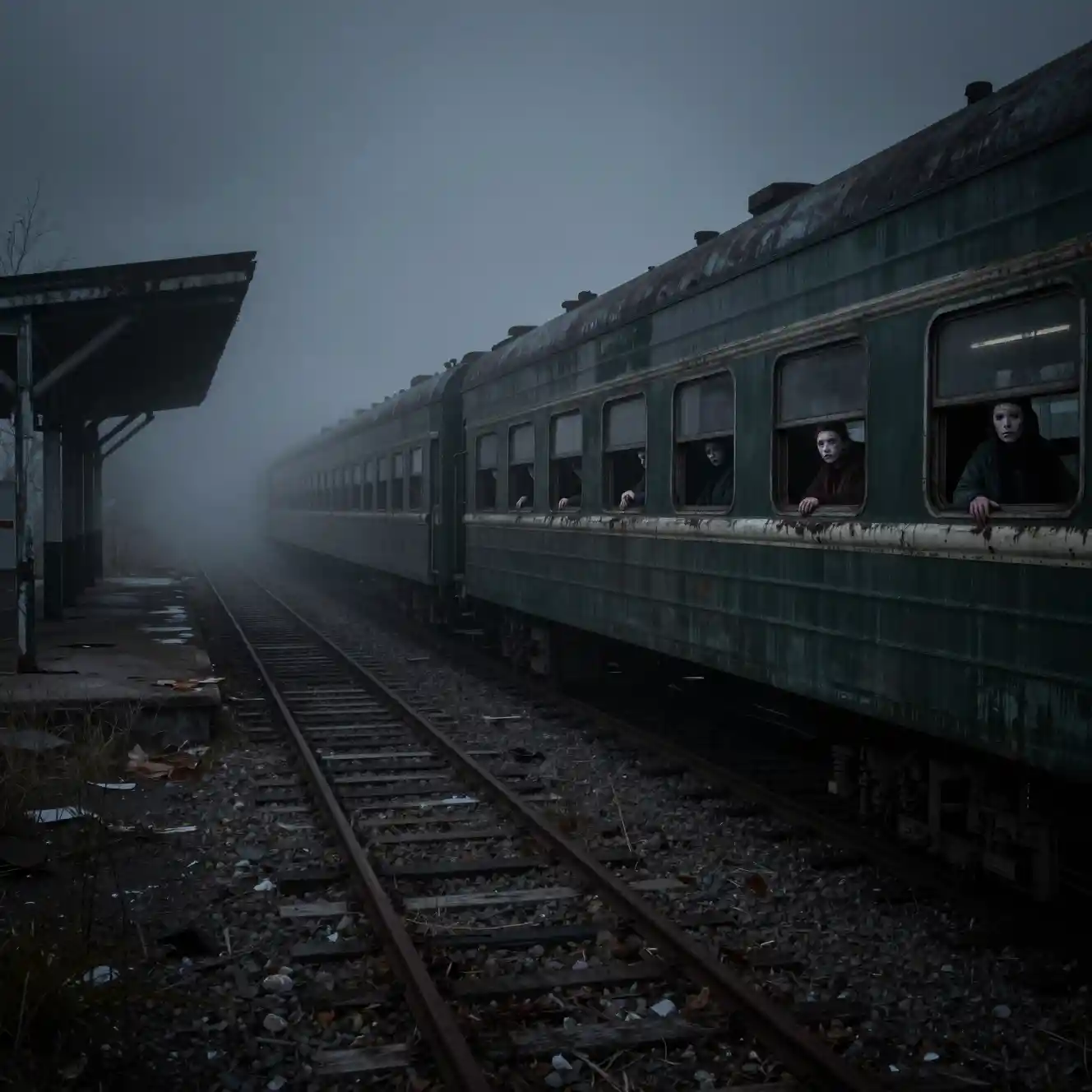 Abandoned train arriving at a foggy empty station at midnight