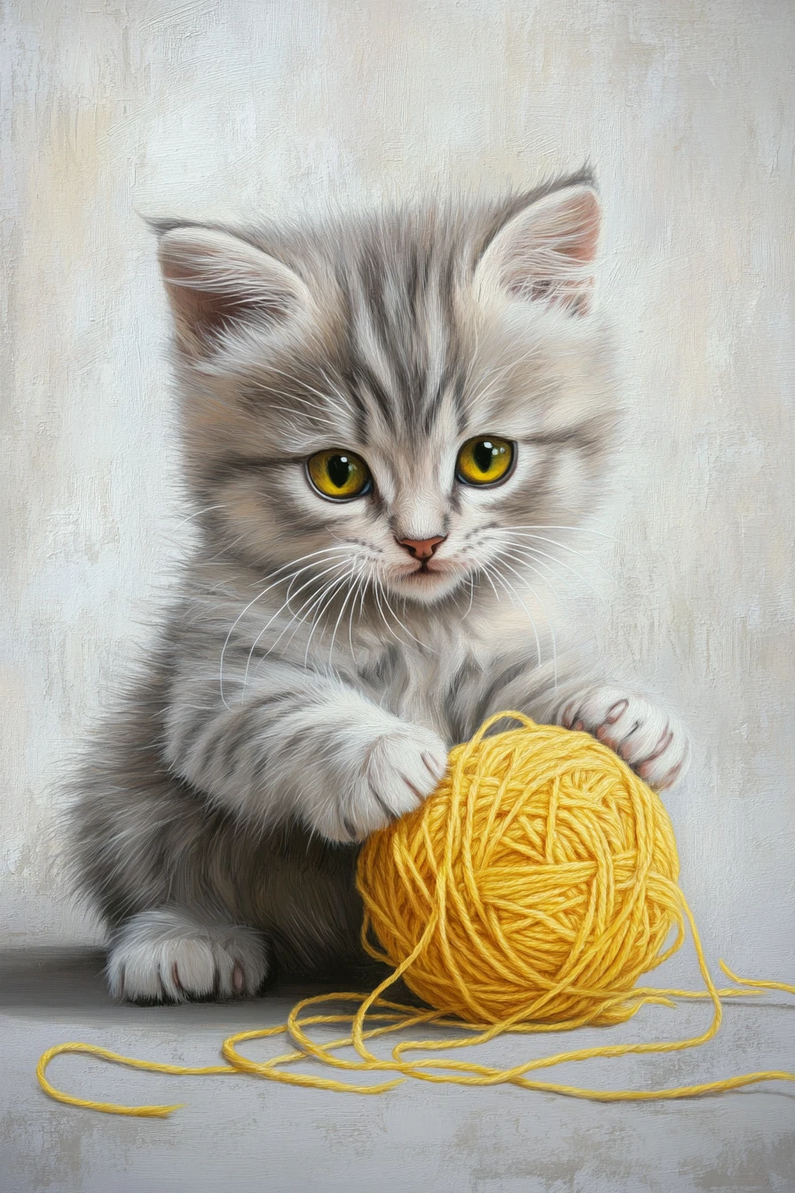 Fluffy kitten playing with yellow yarn on pale background
